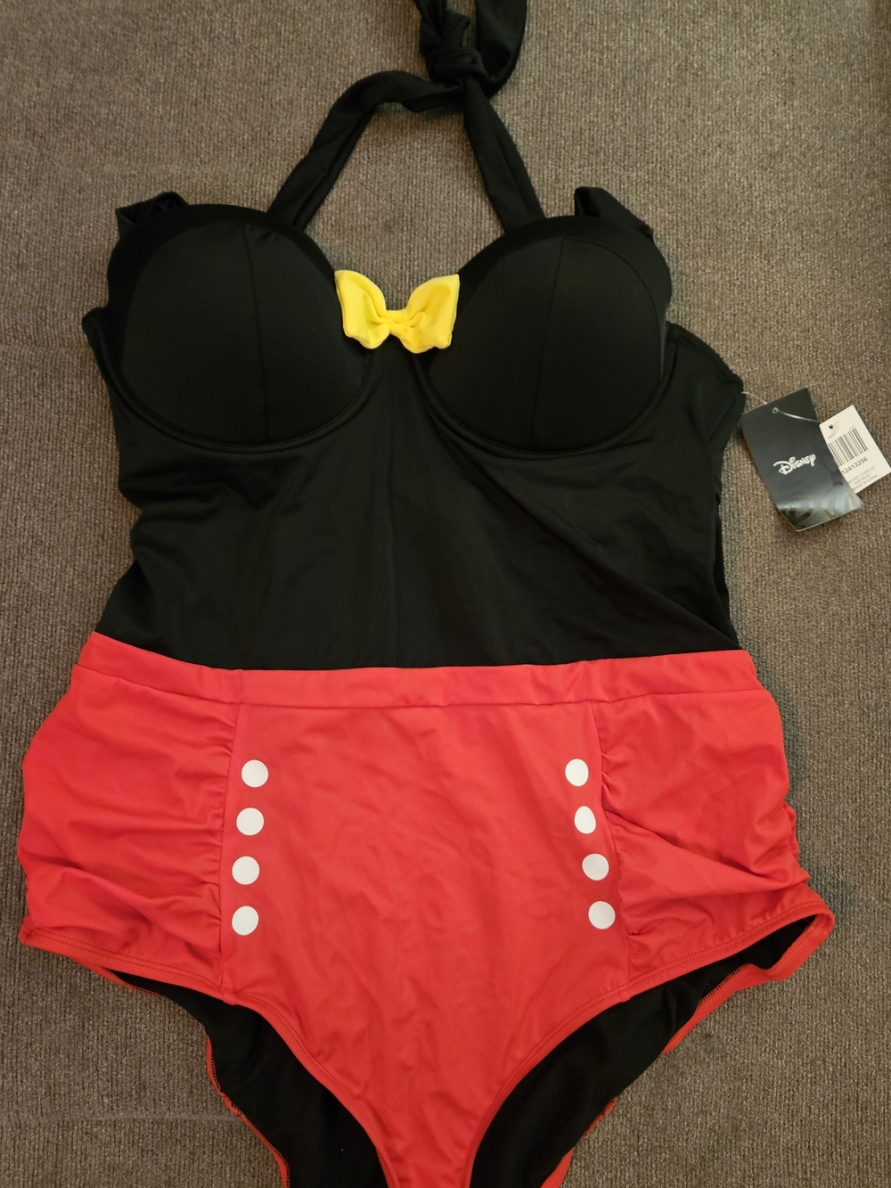 Disney Black One-Piece Swimsuit with Red Skirt and Yellow Bow